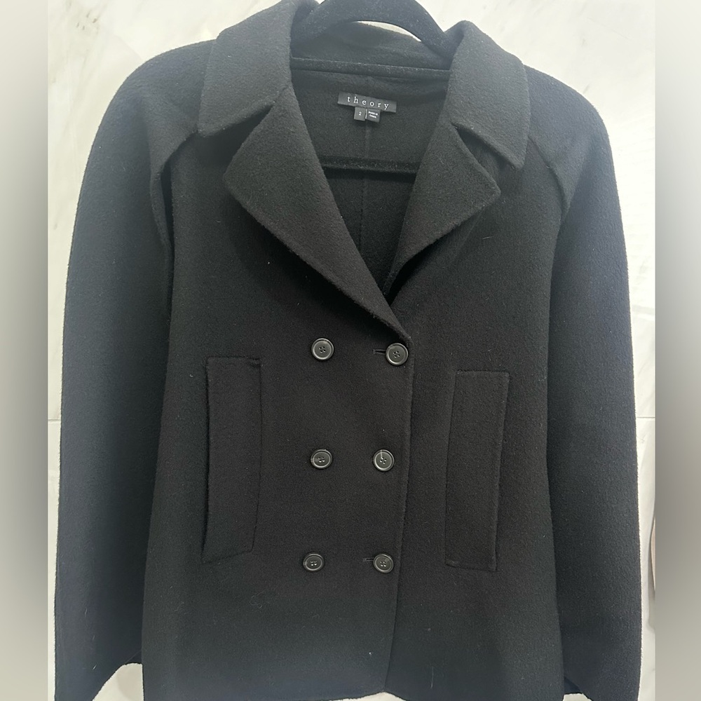 Theory Womens Black Kapalin Coat Cape Double Breasted Wool Cashmere Blend SZ 2